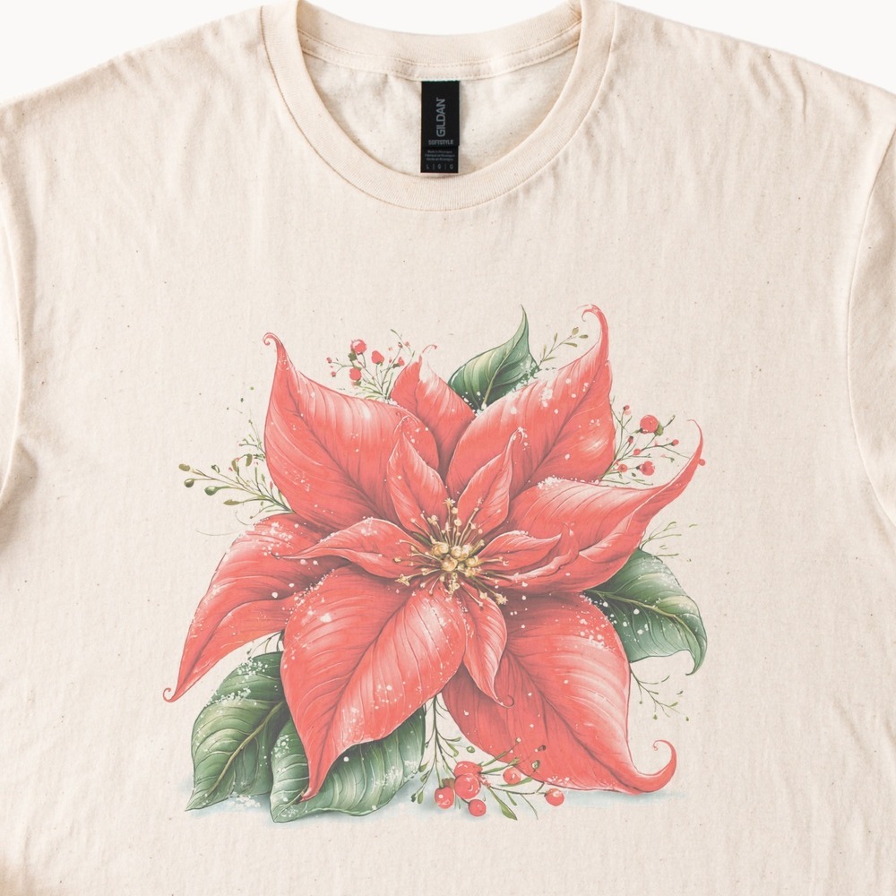 Poinsettia Blooming in Snow Dusted Sprigs Tee